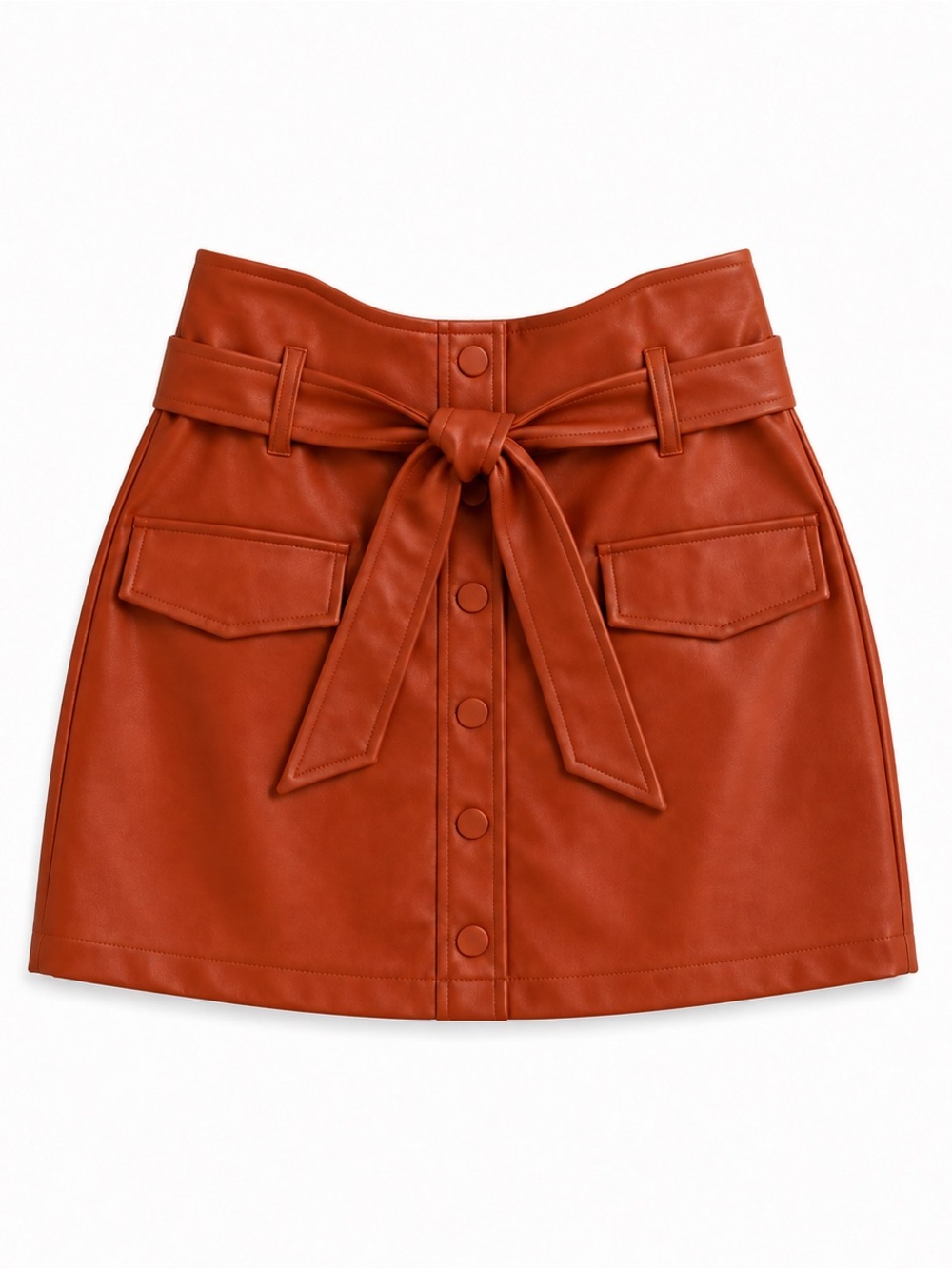 Y2K Rust Cognac Faux Leather Belted Button Front Mini Skirt